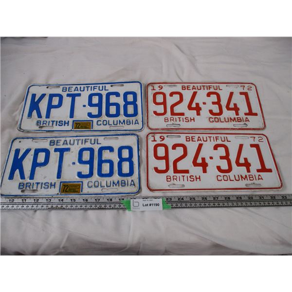 2X The Money - 2 pairs of BC License plates 1972 + one with 1972 stickers