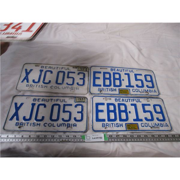 2X The Money - 2 pairs of BC License plates 1972,1978 stickers