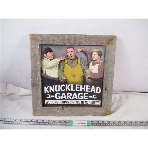 knucklehead garage tin sign in wood frame 14.75x14.75
