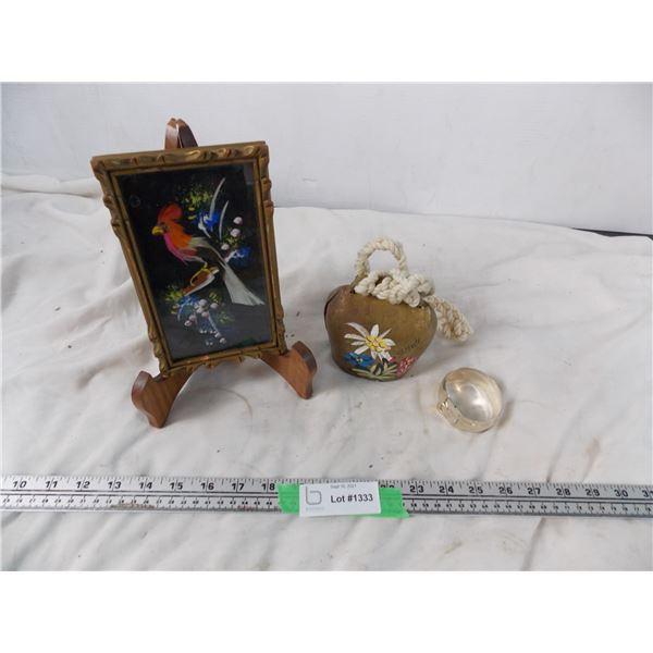 Art Deco sterling bracelet + cow bell + frame with stand