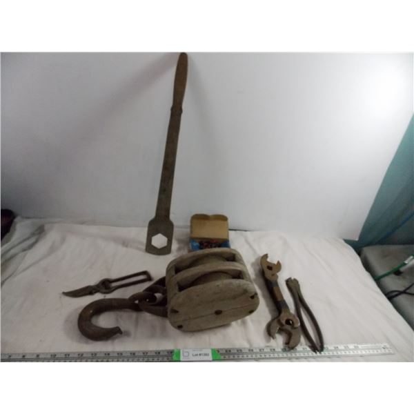 wrenches + wire snips, wooden rope pulley