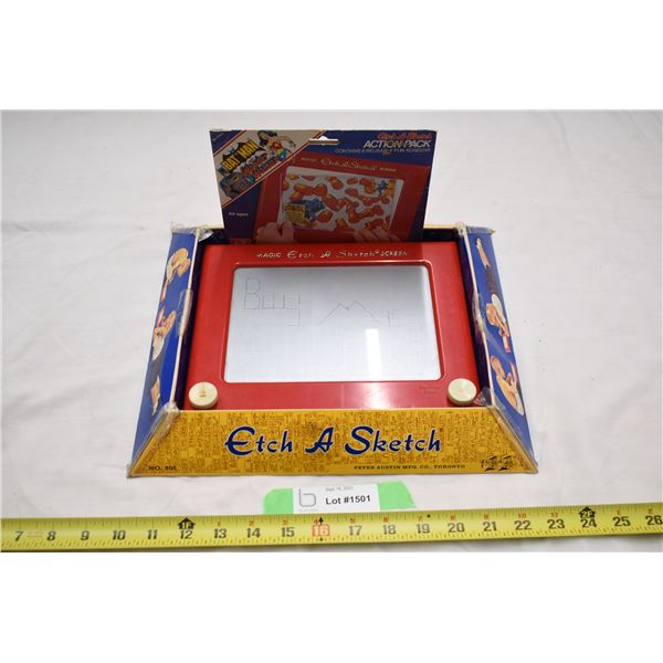 Etch-a-sketch in box with superhero etch a sketch packet