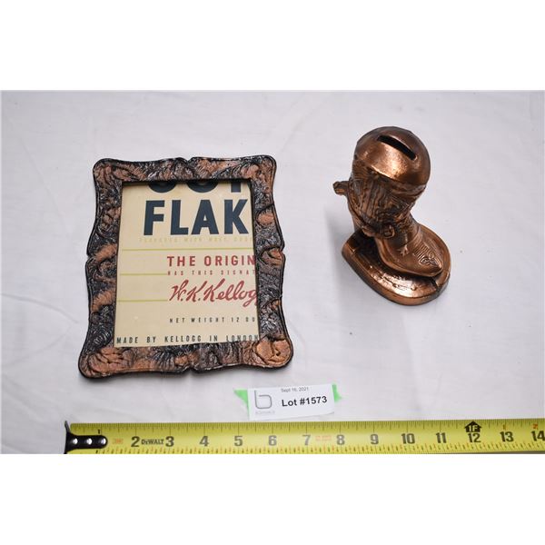 Plaster picture frame + Boothill Tombstone money Bank