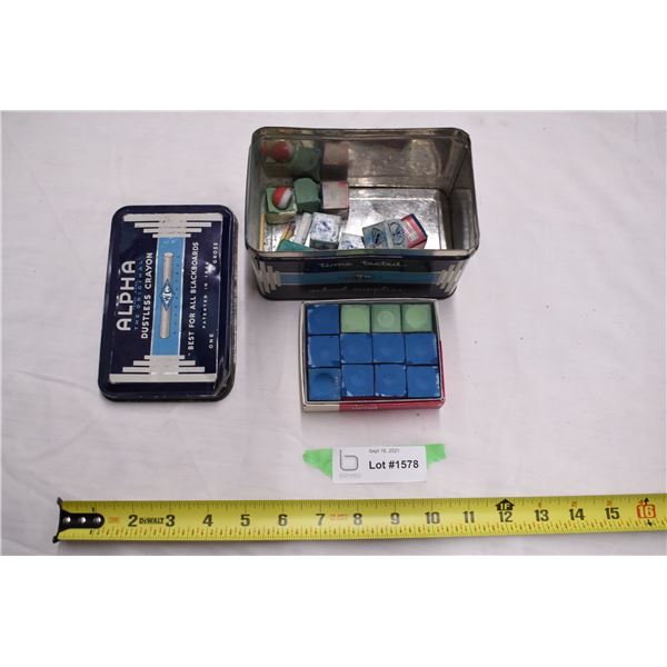 Chalk tin filled with vintage pool cue chalk