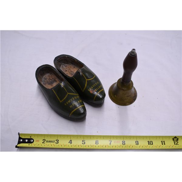 Wooden souvenier Holland Clogs + Vintage Brass Bell