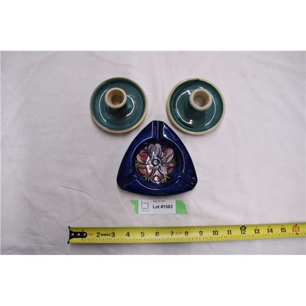 Studio Pottery Candle sticks with Moorcroft ash tray