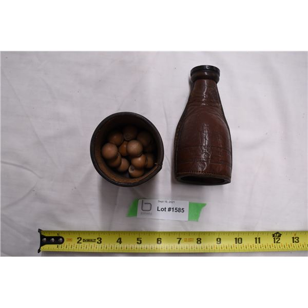 Vintage Leather Cup + Pea Pool Container (signed brunswick balke) filled wih wood pool balls