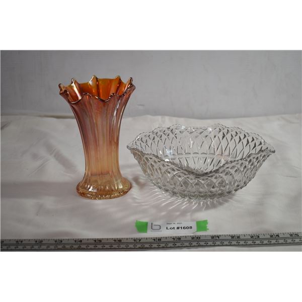 Pressed glass bowl + carnival glass vase
