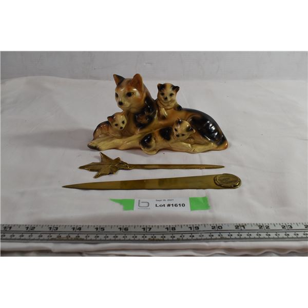 Brass letter openers + chalkware cats(rossia copenhagen opener)