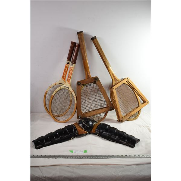 Vintage Wilson Shinguards + Wooden Tennis raquets