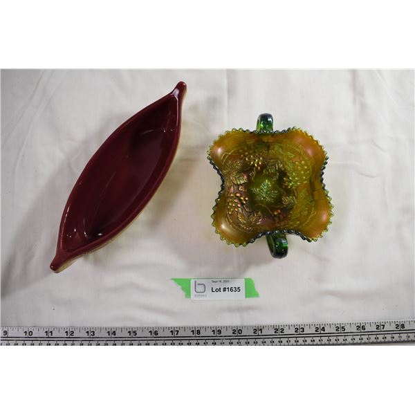 Maxwell Pottery Canoe Tray + Grape&Cable Carnival Glass