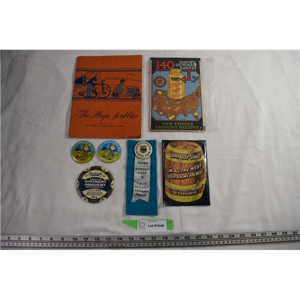 Baking Powder Scribbler Booklet + Mason Jar book + various pins + 1916 school ribbon