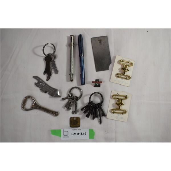 Watermans fountain pen, rabies vaccine passport, various vintage keys + bottle openers, misc