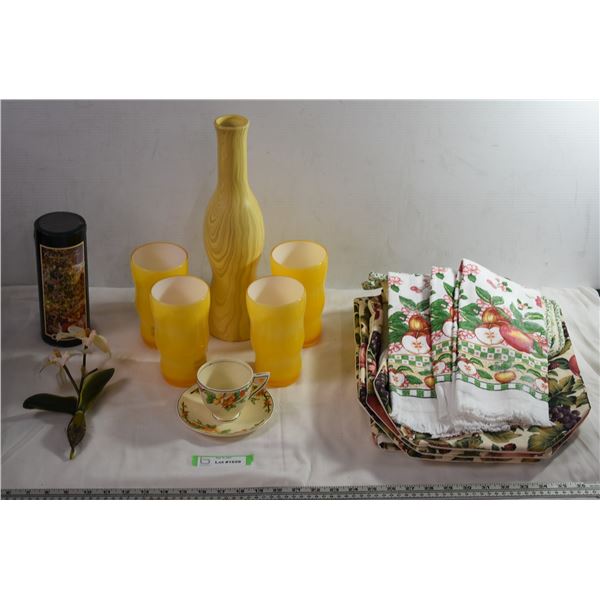 Wedgewood Cup + Saucer with Candle, Plastic Cups + vase, kitchen cloths