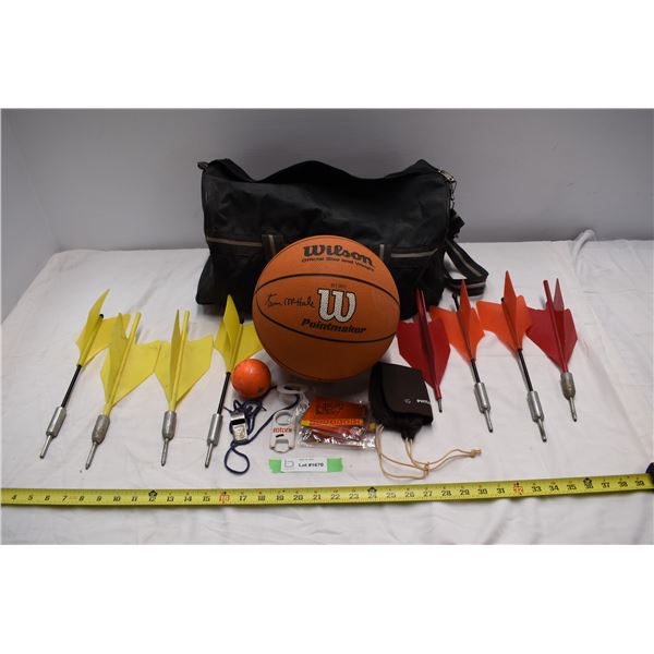 Vintage Metal Lawn Darts + misc sporting equipment with bag