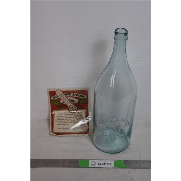 Saskatoon Silverwood Spring water bottle with label - 14.5" tall