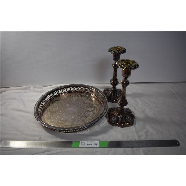 Sheffield Candlesticks + silveplated serving tray