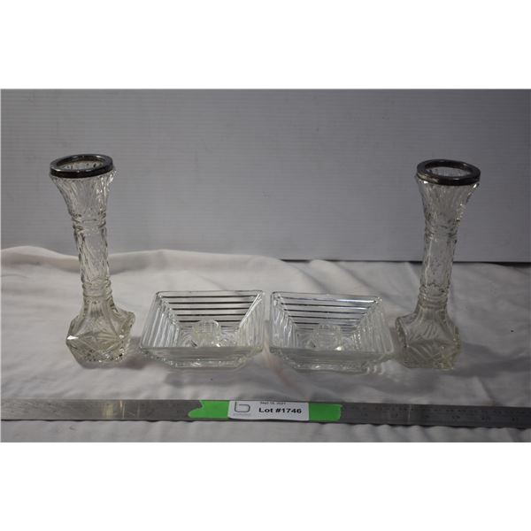 Cut Glass Vases (silver ringed rims) with cut glass pieces