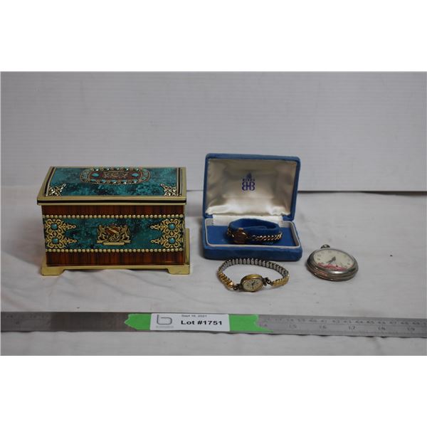 Birks case with Bulova watch, misc watches, + bluebird harry vincent tin