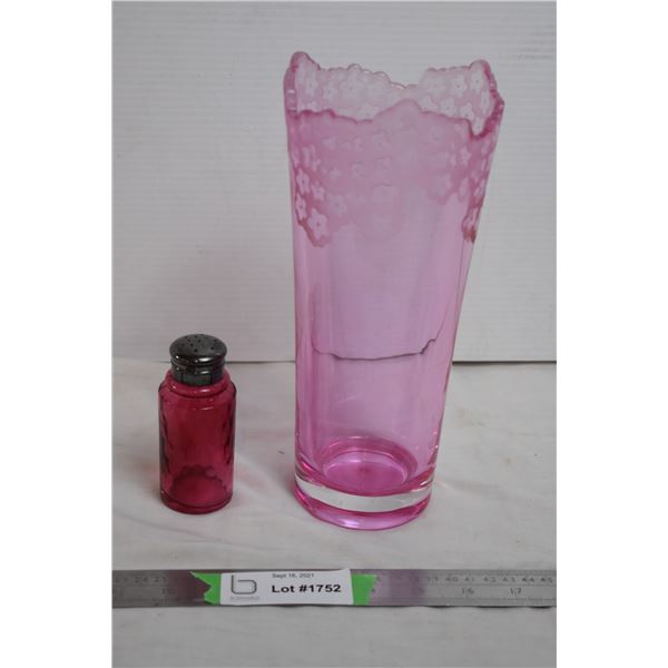 Cranberry Glass Shaker + Purple/pink glass vase