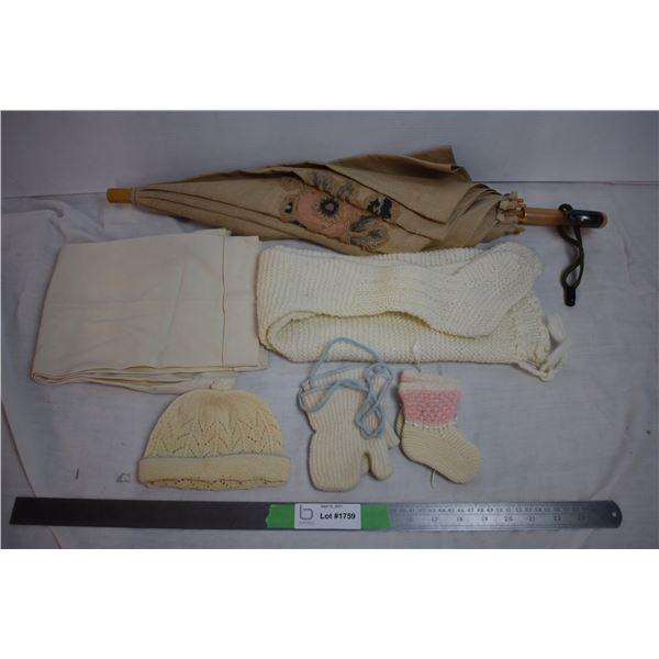 hand knitted baby clothes + cloth umbrella