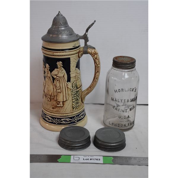 German Beer Stein + Glass Jar (horlicks) with Ball Lids