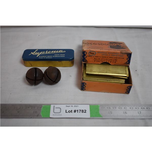 Suprema Harmonica (Germany) + Brass Stencils in Box - two small bells