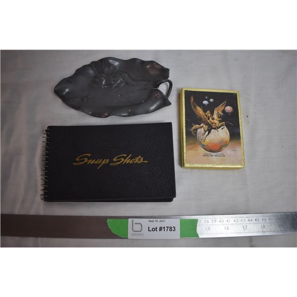 Pewter Nouveau Benedict Tray + blank snapshot books + GoldenWings Book Plates 1977