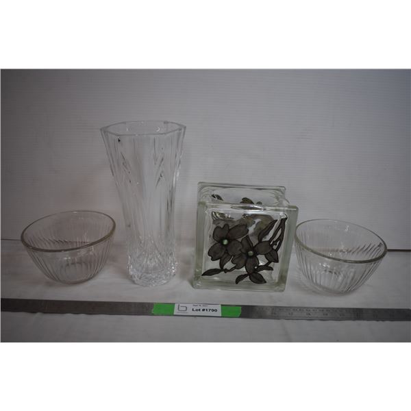 Marjorie Stokes Pewter Glass Vase + 2 Pyrex Bowls + cut glass vase