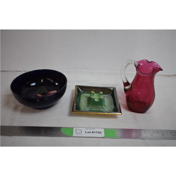 Moorcroft bowl + carltonware "very royale" ashtray + blown glass mini pitcher