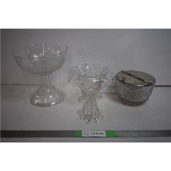 Glass Compote Bowl , Glass Sugar bowl, Glass Vase (with centre frog)