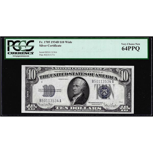 1934D Wide $10 Silver Certificate Note Fr.1705 PCGS Very Choice New 64PPQ