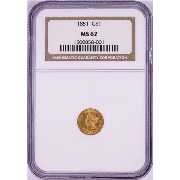 1851 Type 1 $1 Liberty Head Gold Dollar Coin NGC MS62