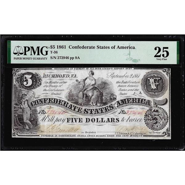 1861 $5 Confederate States of America Note T-36 PMG Very Fine 25