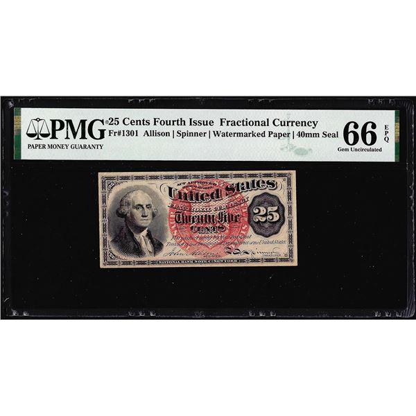 1863 Fourth Issue 25 Cent Fractional Currency Note Fr.1301 PMG Gem Uncirculated 66EPQ