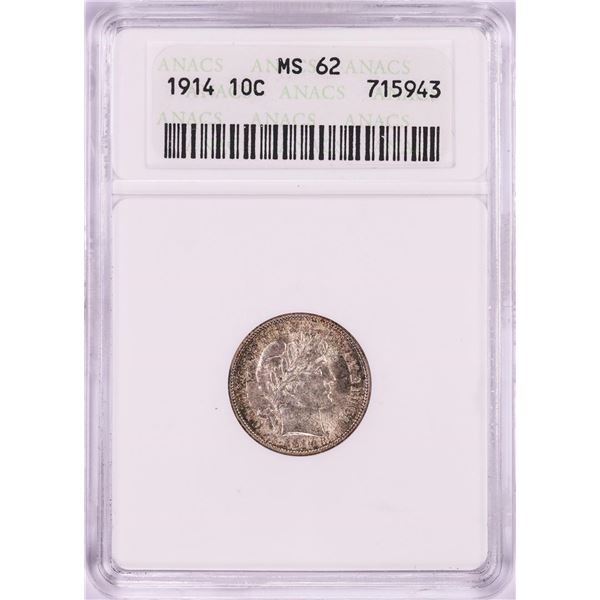 1914 Barber Dime Coin ANACS MS62