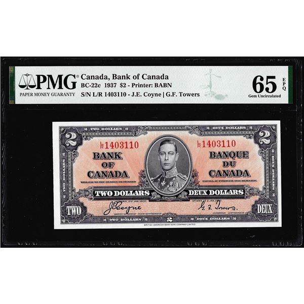 1937 $2 Bank of Canada Note BC-22c PMG Gem Uncirculated 65EPQ