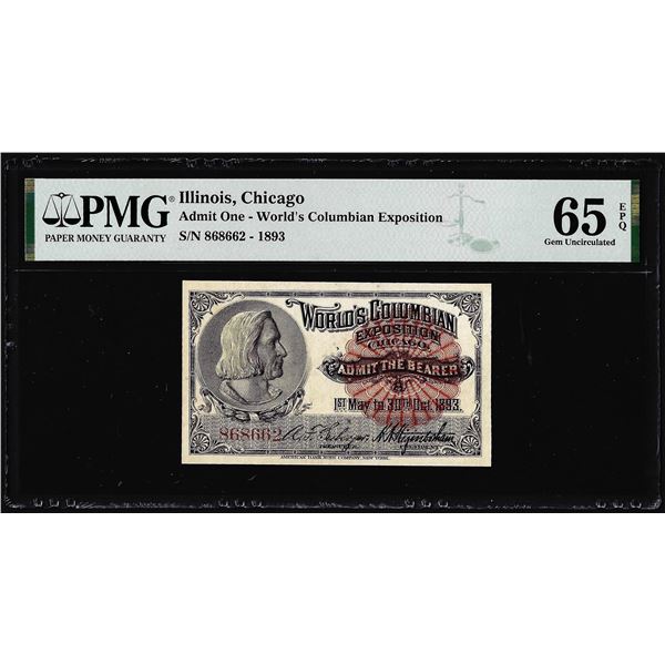 1893 World's Columbian Exposition Ticket Columbus PMG Gem Uncirculated 65EPQ