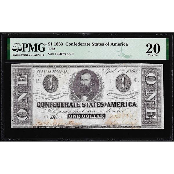 1863 $1 Confederate States of America Note T-62 PMG Very Fine 20