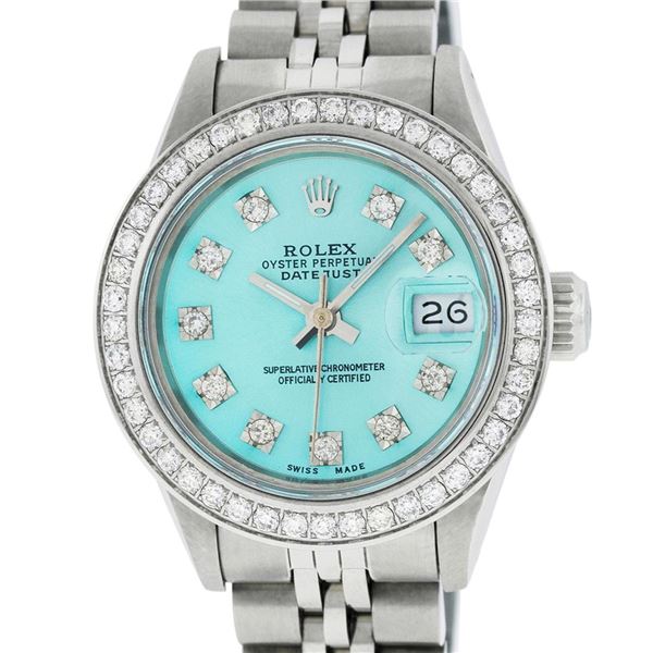Rolex Ladies Stainless Steel Ice Blue Diamond Datejust Wristwatch