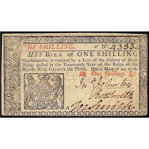 March 25, 1776 New Jersey 1 Shilling Colonial Currency Note