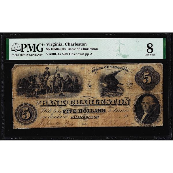 1850s-60s $5 Bank of Charleston Virginia Obsolete Note PMG Very Good 8