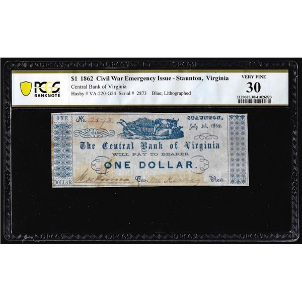 1862 $1 Civil War Emergency Issue Central Bank of Virginia Obsolete PMG Very Fine 30