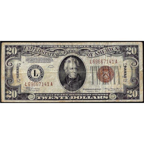 1934A $20 Hawaii WWII Emergency Issue Federal Reserve Note