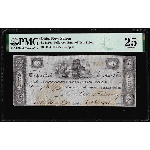 1810's $3 Jefferson Bank of New Salem, Ohio Obsolete Note PMG Very Fine 25