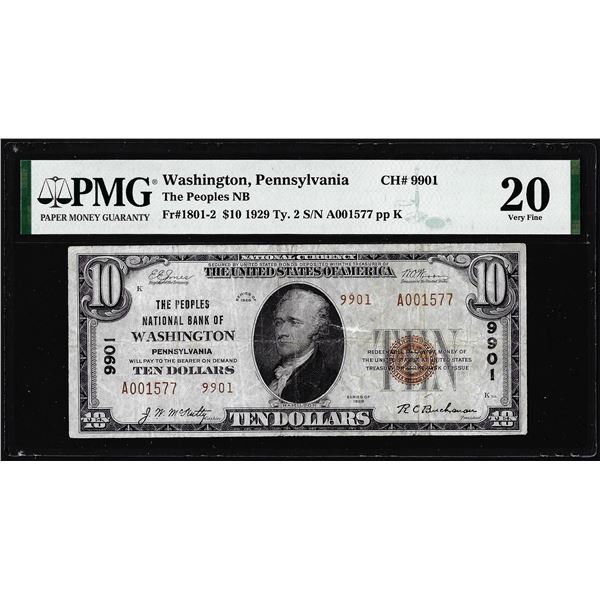 1929 $10 Peoples NB of Washington, PA CH# 9901 National Note PMG Very Fine 20