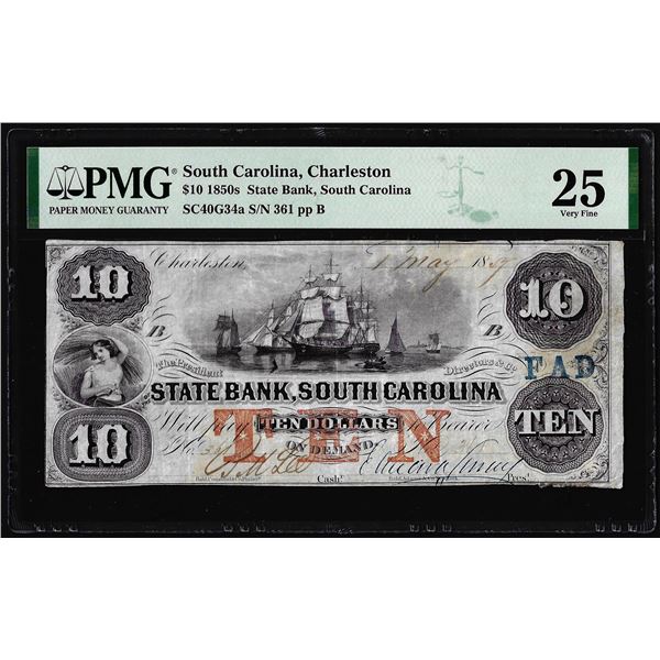 1850's $10 State Bank South Carolina Charleston Obsolete Note PMG Very Fine 25