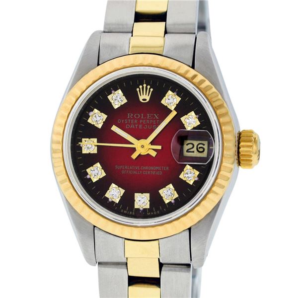 Rolex Ladies Two Tone Red Vignette Diamond Oyster Perpetual Datejust Wristwatch