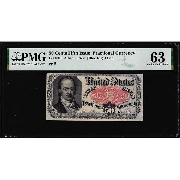 1874 Fifth Issue 50 Cents Fractional Currency Note Fr.1381 PMG Choice Uncirculated 63