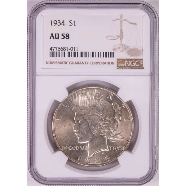 1934 $1 Peace Silver Dollar Coin NGC AU58